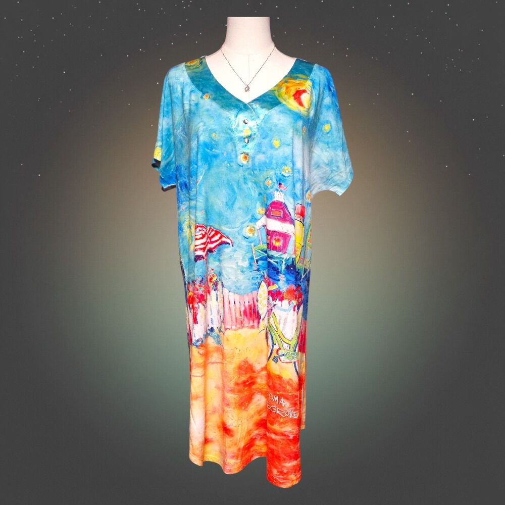 Leoma Lovegrove XL Coastal Art Beach Scene Resort Vacation Midi Dress/Coverup